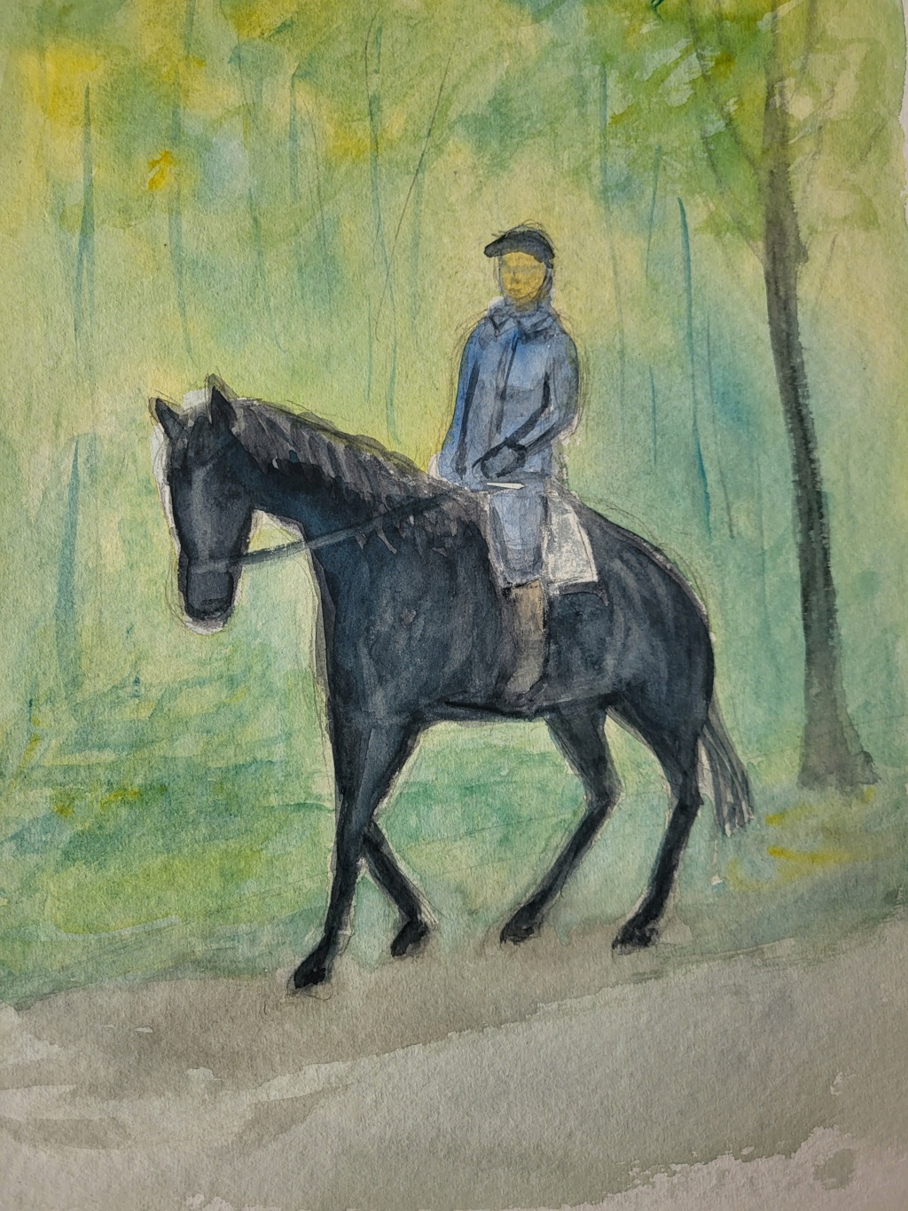 Akvarel, rytter i skoven, 2023