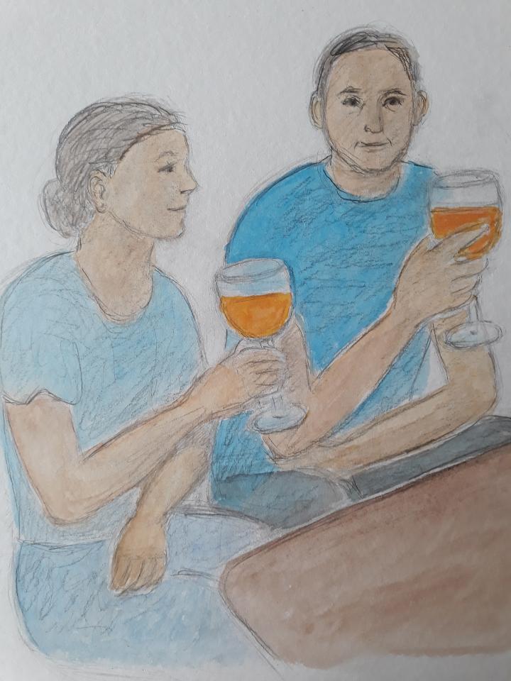 Mette og Lars skåler akvarel