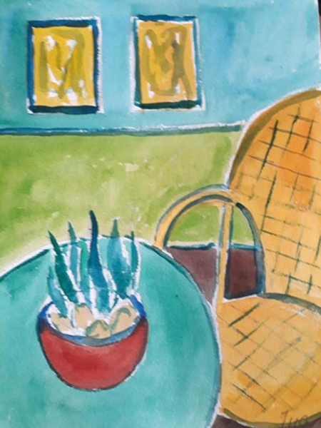 Mit køkken, corbusier stol, akvarel, 2020
