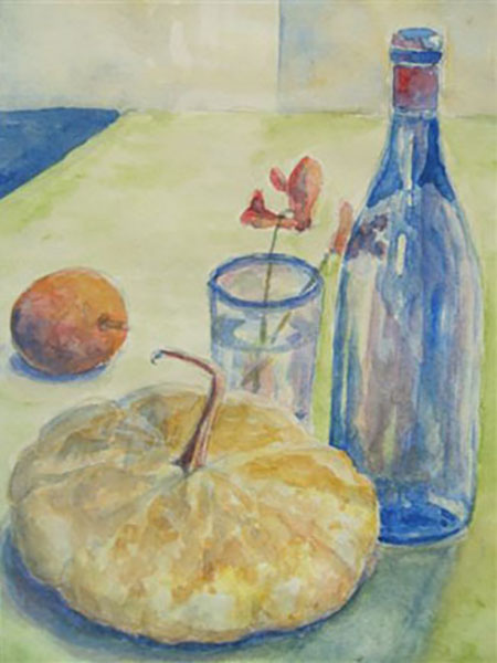 Græskar og flaske, akvarel, ca. 2000