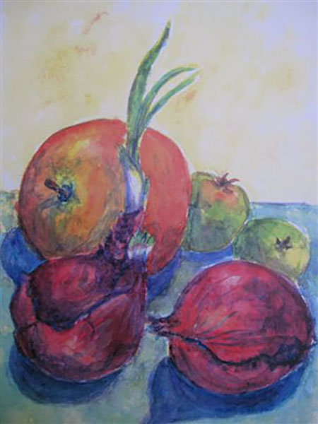 opstillinger-029 Appelsin, rødløg og æbler, akvarel, ca. 1992